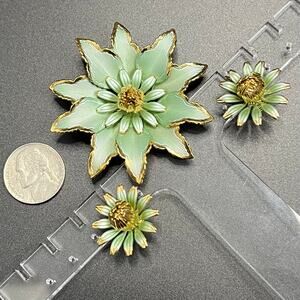 Vintage Flower Teal Gold Tone Brooch Clip On Earring Set Estate MCM